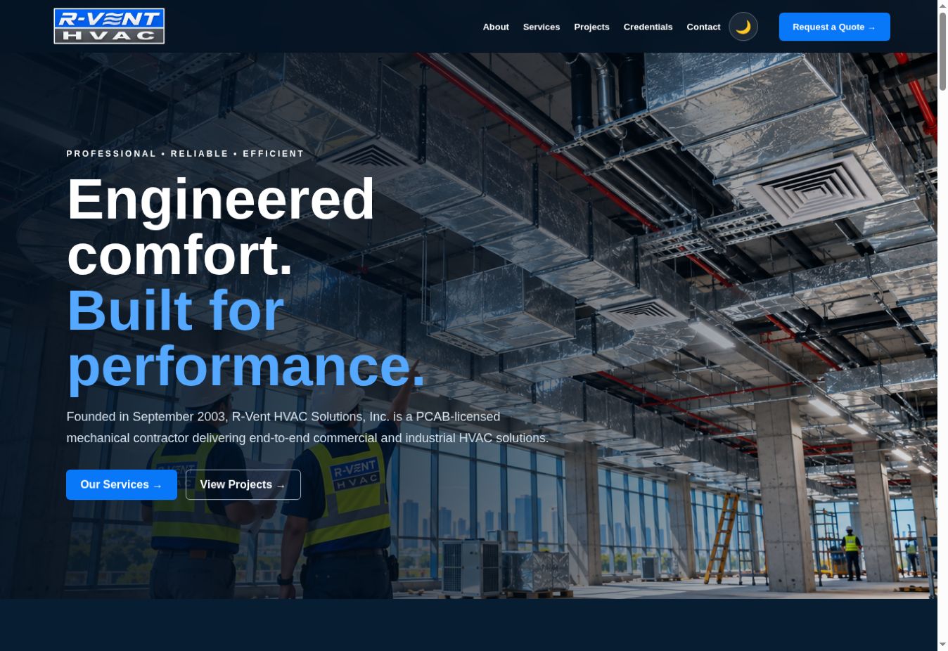 Screenshot of the live R-Vent HVAC Solutions website